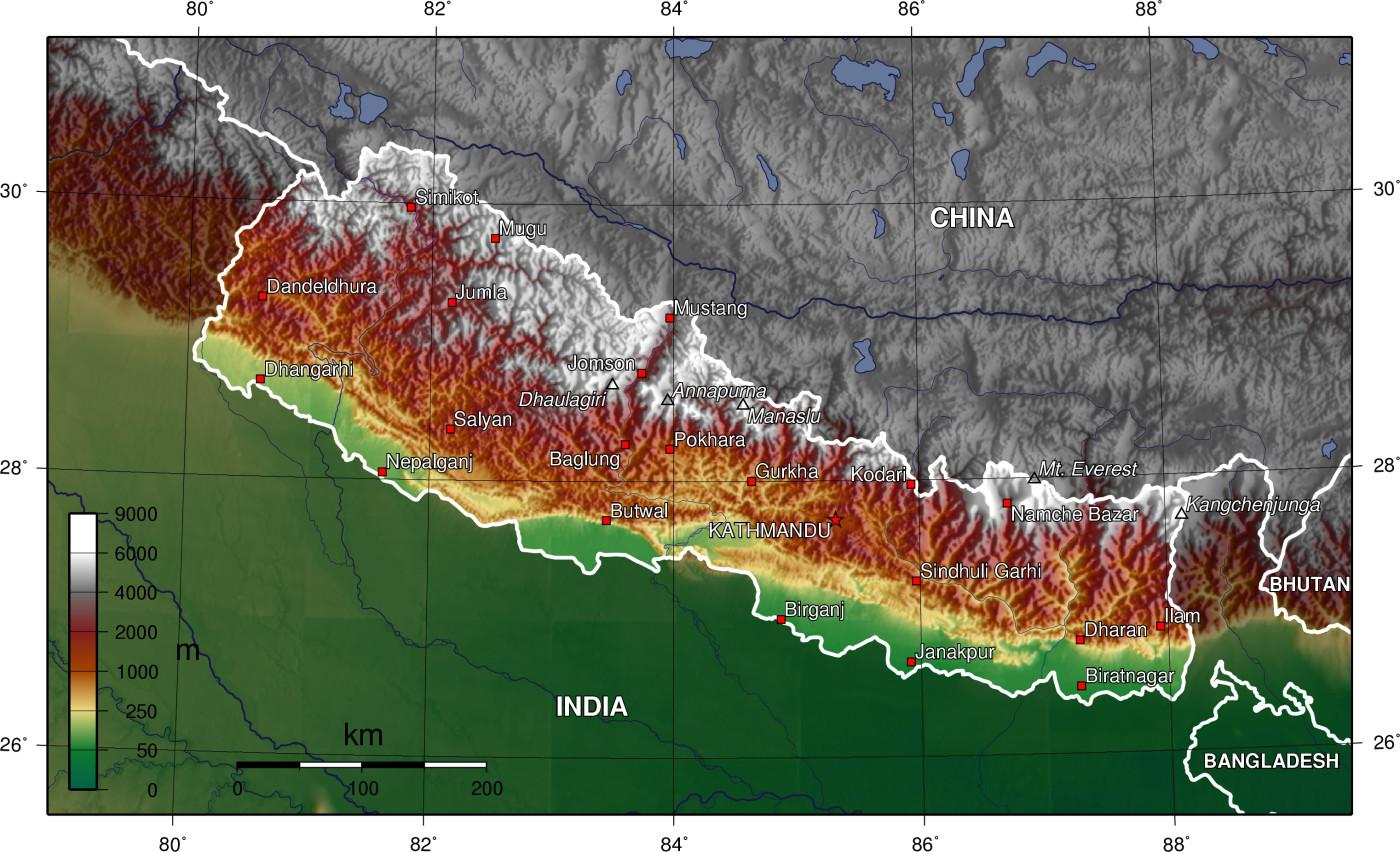 Satelliitti kartta nepal - Kartta satelliitti-nepal (Etelä-Aasia - Aasia)