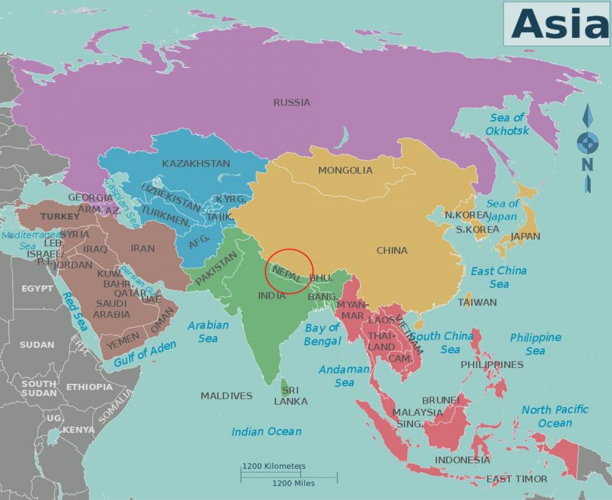 Nepalissa maa kartta - Kartta nepalin ja lähialueen maissa (Etelä-Aasia -  Aasia)