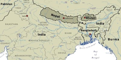 Kartta bhutanin, nepalin ja tiibetin